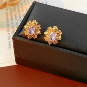 Boucles D'oreilles Puces Fleur Vintage Cuivre Pierre Zircon Violette Avec Tige En Argent Bijoux Rétro Pour Femme