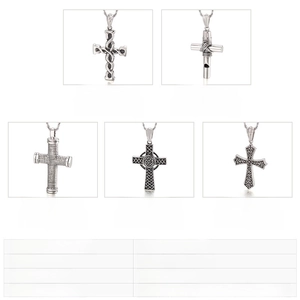 Detailed view of various retro stainless steel cross pendants in multiple sizes and weights