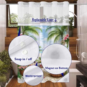 Detail of waffle shower curtain showing snap-in liner and weighted magnetic bottom