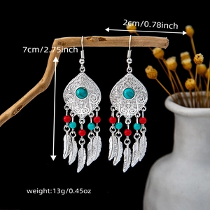 Detail view of Bohemian silver tassel earrings with turquoise beads and feather pendants