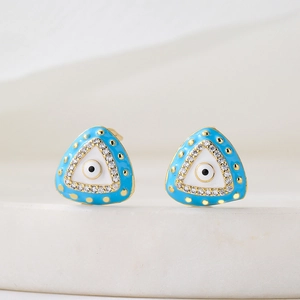 18K gold plated triangle stud earrings with blue enamel evil eye and zircon stones