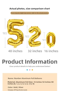 Detailed size comparison chart for gold aluminum foil digit balloons in 16, 32, and 40 inches