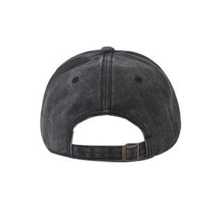 Detail of vintage washed grey baseball cap with adjustable bronze metal buckle strap