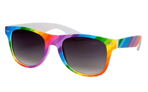 Vibrant rainbow striped frame sunglasses shown in a close-up detail view with grey lenses