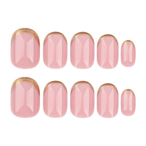 Short round nude pink press-on nails with minimalist gold French tips for women