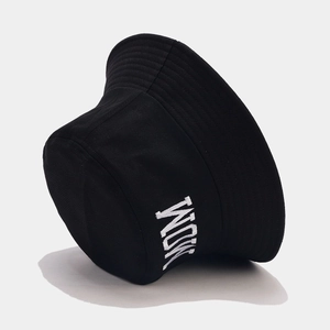 Fashionable black cotton bucket hat with white embroidery detail for sun protection