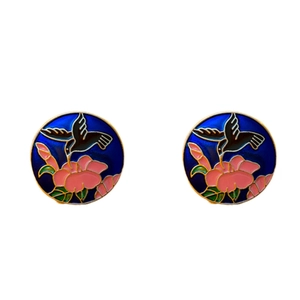 Vintage round enamel floral earrings featuring a hummingbird and pink flower design