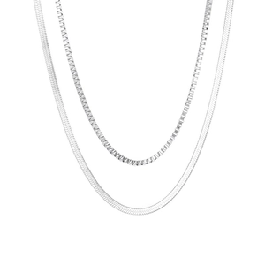 Double-layered silver necklace featuring box chain and flat snake blade chain design