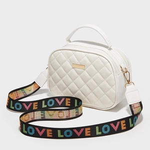 Women Quilted PU Leather Shoulder Bag Dual Zipper Crossbody Bag With Colorful LOVE Wide Strap Handbag