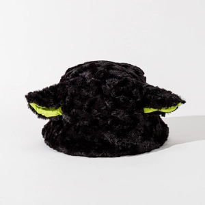 Detail showing the black plush faux fur texture and green inner ears of the bucket hat
