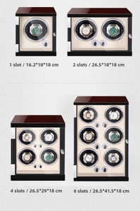 Watch winder size comparison for 1, 2, 4, and 6 slots in mahogany and piano black finish