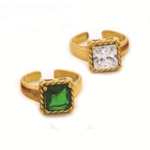Bagues réglables en acier inoxydable avec zircons carrés verts et blancs dorés