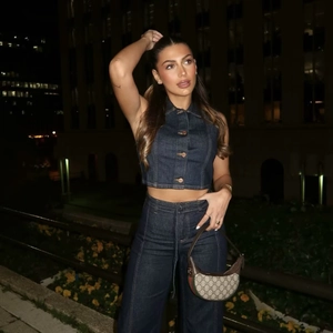 Denim Femme Top Court Sans Manches Et Pantalon Large Taille Haute Mode Décontracté Streetwear Bleu Foncé Avec Ceinture