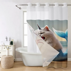 Detail of waffled double-layer shower curtain with mermaid cat print and metal grommets