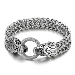 Vintage Animal Head Double Layer Braided Wheat Chain Bracelet For Men Antique Titanium Steel Punk Biker Jewelry Accessory