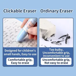 Retractable cartoon pen-style eraser compared with traditional white block eraser for school