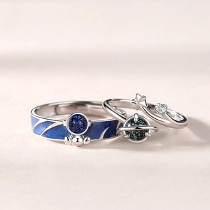 Astronaut theme couple rings set in s925 silver with blue starry sky and star charms