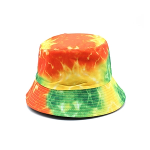 Detail of vibrant orange and green tie-dye bucket hat with durable brim stitching