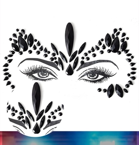 Macro shot of black multi-shape face gems on forehead and eye area for party makeup