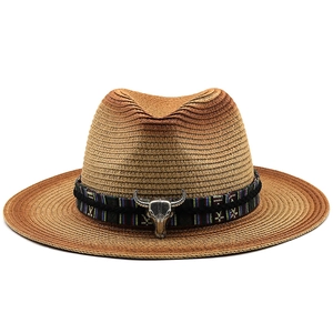 Gradient straw fedora sun hat with tribal band and metallic bull skull ornament
