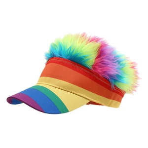 Rainbow striped visor hat with colorful fun synthetic hair for parties and festivals