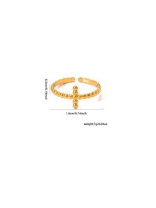 Detail view of adjustable 18k gold plated titanium ring with beaded cross and size specs