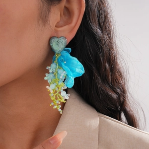 French Retro Heart Resin Earrings With Blue Chiffon Flower Long Beaded Tassel For Women Fashion Elegant Jewelry