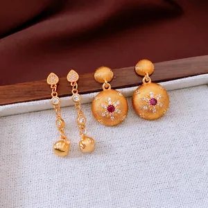 Vintage Round Heart Drop Earrings Copper Gold Plated Red White Zircon With 925 Sterling Silver Earring Post Retro Women