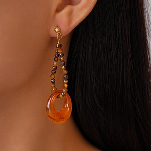 Retro resin tiger eye stone round earrings with gold chain and orange ring for women
