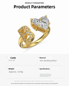 Detail view of 925 sterling silver ring with 5A cubic zirconia B letter and heart stone