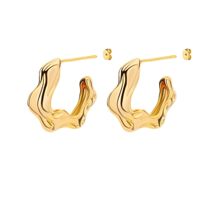 Minimalist golden C-shape wave earrings with liquid lava texture in 18k gold plating