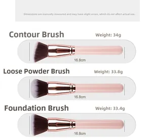 Detailed view of pink makeup brush set with rose gold ferrules and dimensions