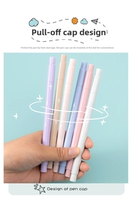 Detail of 6-color Morandi double-headed highlighters with functional cap-off design