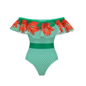 Close-up of green striped one-piece swimsuit with red floral ruffles and waist detail
