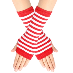 Detail of red and white striped knit fingerless long arm warmers with thumb holes