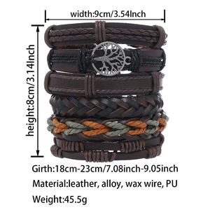 Detailed size and dimension specs of multi-layer Tree of Life leather bracelet set