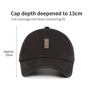 Deep-fit 13cm washed cotton baseball cap in dark brown with leather patch and reinforced brim