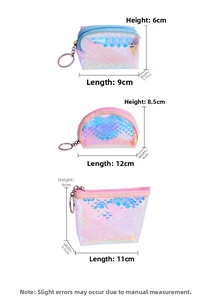 Dimensions for holograph mermaid scale PVC coin purses with metal keychain clips