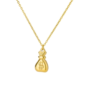 18k gold plated stainless steel necklace featuring a dollar sign money bag pendant
