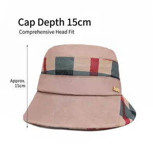 Elegant plaid pattern sun hat for women with 15cm deep crown and gold metal accent