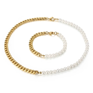 18K gold plated chain and white pearl necklace and bracelet set on a white background