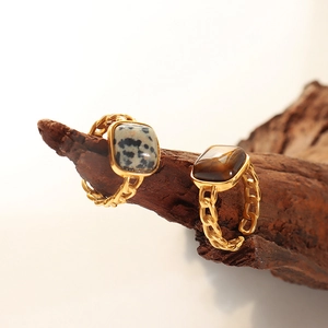 Vintage gold cuban link open rings featuring natural tiger eye and marble stone sets