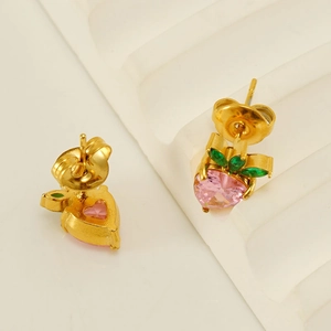 Cute gold strawberry stud earrings with pink heart zircon and green leaf crystals