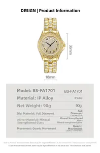 Spécifications de la montre de luxe dorée avec strass et détails des dimensions