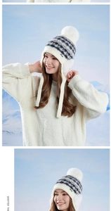 Bonnet tricoté d'hiver avec pompon blanc et protège-oreilles sur fond de montagne enneigée