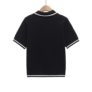 Vintage short sleeve knit polo shirt in black with white stripes and diamond textures