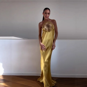 Robe Longue Dos Nu Satin Polyester Avec Fleur Perles Strass Dimensionnelle Dos Nu Sexy Élégant Soirée Vacances Jaune