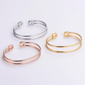 Geometric Hollow Open Bangle 304 Stainless Steel Safety Pin Design Minimalist Commuter Cuff Jewelry For Women