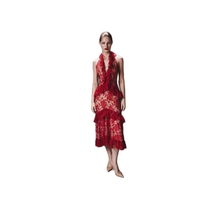 Sexy red lace halter dress with backless design and layered ruffles for women