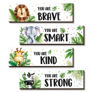 Set of 4 animal wooden wall plaques for kids room featuring lion elephant giraffe and zebra